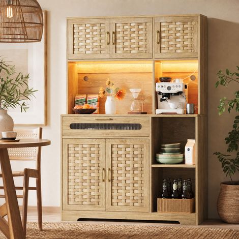 Credenza alta 120 x 40 x 180 cm con LED, cassetto e ripiano regolabile, naturale HAVRYA (1/5)