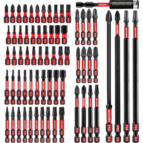 68 Pièces Embouts de Vissage aux Chocs (PH-, TX-, PZ-, SL-, Hex), Embout Magnétique pour Visseuse Tournevis Tige Hexagonale 1/4" S2 en Acier Allié avec Porte-embout de 75 mm (1/5)