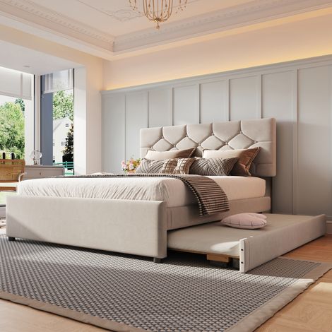 Lit capitonné, 140 x 200 cm, à sommier à lattes (matelas non inclus), avec lit gigogne, en velours, style minimaliste, beige (1/4)
