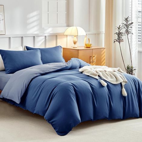 Ensemble de literie 4 pièces King-Size bleu foncé microfibre avec drap-housse 40cm