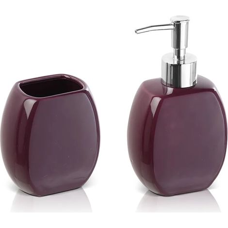 Set accessori bagno da appoggio dispenser e porta spazzolini in ceramica viola (1/3)