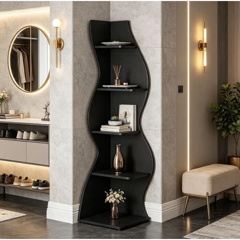 OKMYHOME Scaffale angolare da terra in legno a 5 ripiani, 50 x 50 x 182,5 cm, nero (1/5)