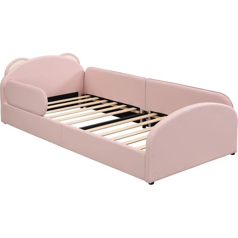 Letto per bambini imbottito rosa 90x200 cm con testiera a orsetto e comodino abbinato (1/5)