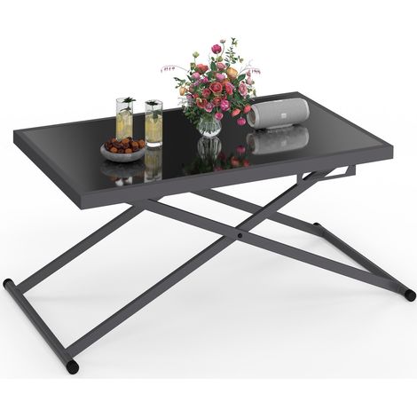 Rechteckiger, aufklappbarer Gartentisch 100 cm OLIE aus anthrazitgrauem Metall und grauer Tischplatte