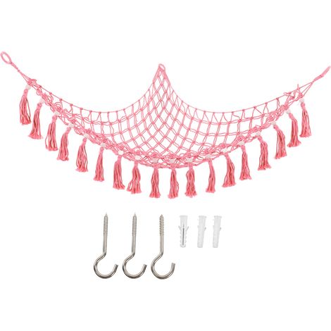 Hamac de rangement pour jouets en forme de triangle, perles en bois et pompons tressés, idéal pour animaux en peluche, décoration maison, rose foncé. (1/5)