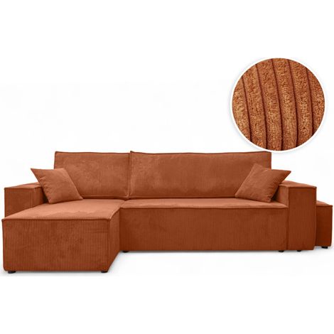 Canapé FARAH d'angle réversible et convertible 4 places avec un pouf en velours côtelé - Terracotta (1/5)