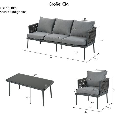 Salon de jardin avec coussins confortables : canapé 3 places, 2 fauteuils, table basse, extérieur, plateau verre, accoudoirs corde tressée, acier galvanisé, gris