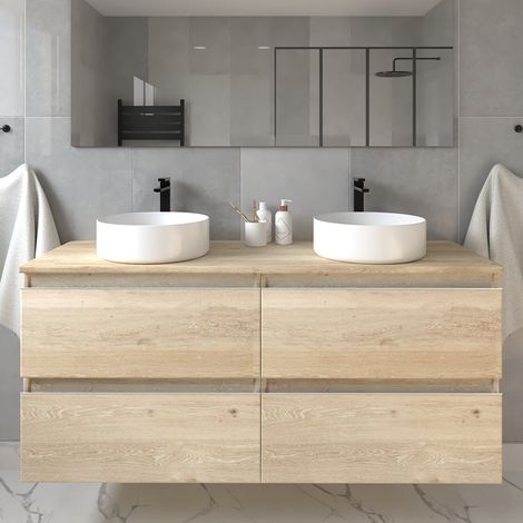 Meuble de salle de bain sans miroir avec vasques ronde - bambou (chêne clair) - - bambou (chêne clair) - BALEA - 120cm (1/5)