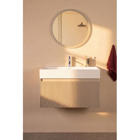 Meuble salle de bain suspendu NIGEL L80 x H50 x P46 cm couleur taupe avec vasque à poser (1/5)
