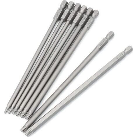 A set of 8 6.35mm (1/4 inch) magnetic screwdriver bits, star shaped, 150mm long, motorized hex shank. (1/5)