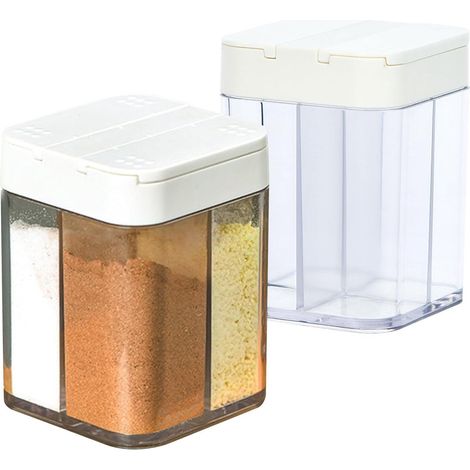 Lot de 2 pots à épices 4 en 1, transparents, avec petits trous réglables, parfaits pour le camping, les voyages, la maison, la cuisine et les grillades. (1/5)
