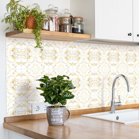 Sticker Mural Carrelage adhésif Cuisine Salle de Bain - 24 STICKERS CARREAUX DE CIMENT EFFET MARBRÉ DORÉ CHIC - 24stickers10x10cm (1/5)