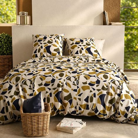 Parure housse de couette 260x240cm + 2 taies motif ethnique ecru et kaki 100% coton - LEEKYO (1/4)