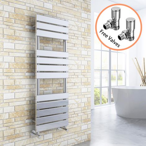 ELEGANT 1200 x 400 Chrome Designer Flat Panel Heated Towel Rail Radiator + Angled Radiator Valves (1/5)