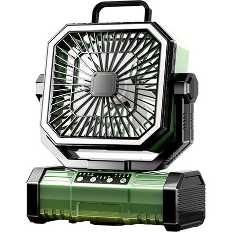 Portable camping fan, desk fan with LED light, 4 speeds, powerful wind, 4 timers, with remote control and hook, 270° rotating head, USB rechargeable (mild green) (1/4)