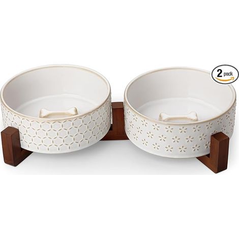 Ceramic Bowl 1000 ml Double Bowl with Walnut Stand (1/5)