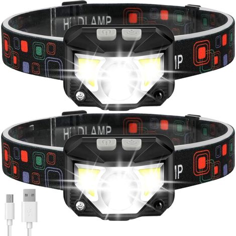 Lampe frontale LED rechargeable 1100 lumens, détecteur mouvement, lumière blanche/rouge, étanche, 8 modes (lot de 2) (1/5)