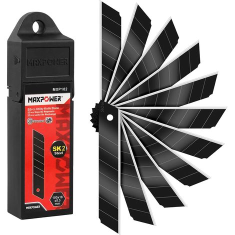 Lame Cutter 18mm,Lame de Cutter Noir Lot de 50,SK2 Lames Cutter Professionnel - Très Résistant et UltraPointu