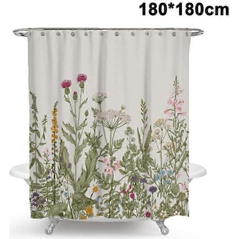 Rideau de douche (180 x 180 cm) anti-moisissures et résistant au mildiou, motif feuilles vertes fraîches (1/5)