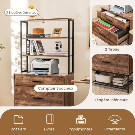 Meuble de bureau marron rustique avec 3 étagères, 2 tiroirs, plateau imprimante et station de charge pour bureau et maison (1/5)