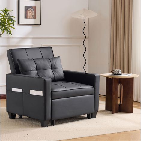 Divano letto 3 in 1 convertibile 1 posto, poltrona relax, PU nero, 74 x 87 x 84 cm, OKWISH (1/5)