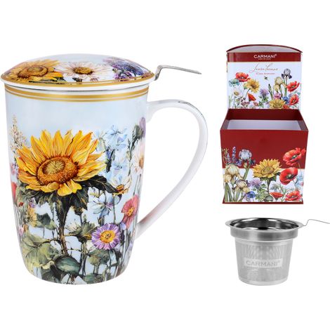 Carmani, Becher mit Siebeinsatz und Deckel 600 ml - Laura Lozano/Blumenwiese mit Sonnenblumen (1/5)