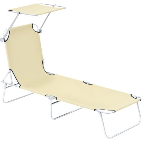 Transat Bain de Soleil Pliable Chaise Longue Pliante Grand Confort Dossier Inclinable Multi-Positions et Pare-Soleil Réglable 187L x 58l x 36H cm Beige (1/5)