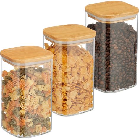 Relaxdays Set da 3 Barattoli per Alimenti con Coperchio in Bambù, Recipienti in Vetro, 1200 ml, Trasparente Naturale (1/5)