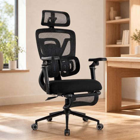 UEV Sedia Ufficio Ergonomica 6D Bracciolo Regolabile, Sedia Studio in Rete con Supporto Lombare e Poiggiatesta 3D, Sedie Inclinabile 90-135° con Poggiapiedi Retrattile, 72x69x119-125cm, Nero (1/5)