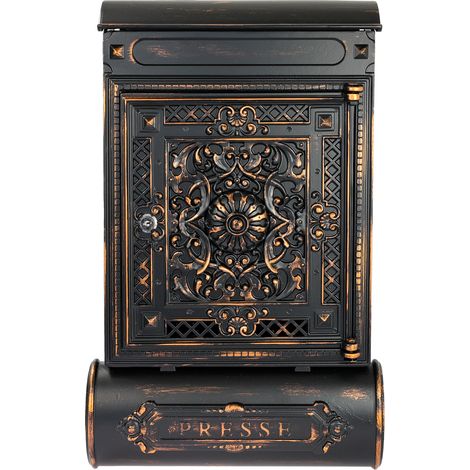 HMF 512-20 Briefkasten Antik mit Zeitungsfach, Vintage Postkasten aus Aluguss, 57 x 35 x 10 cm, Schwarz-Kupfer (1/5)