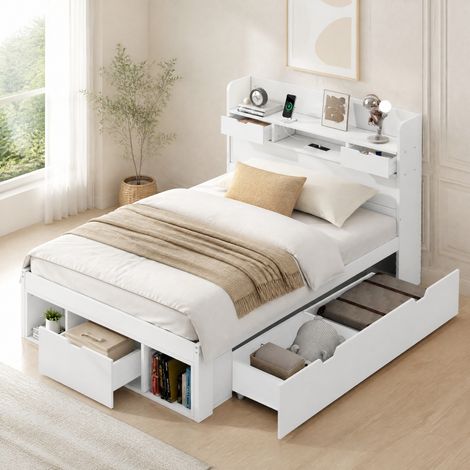Letto singolo moderno 90x200 cm in pino e MDF bianco, con USB, vani contenitore e cassetti (1/5)