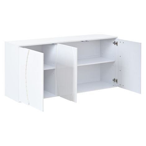 Buffet de salon – Meuble de salon haute brillance à trois portes – Meuble de rangement avec portes éclairées par LED – Portes au design contemporain – Blanc – Panneaux de particules (1/5)