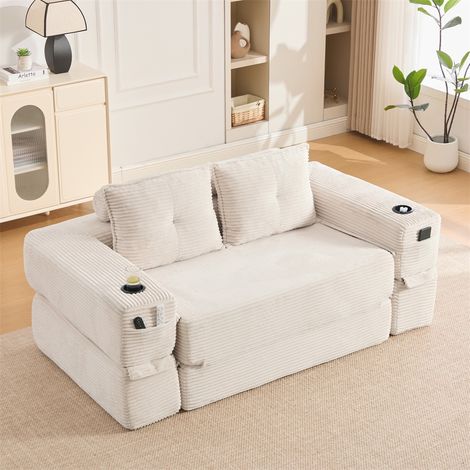 Canapé Convertible 2 Places - 180x98x80cm - Chauffeuse Pliante en Velours Côtelé avec Ressorts, Porte-Gobelet - Beige (1/5)