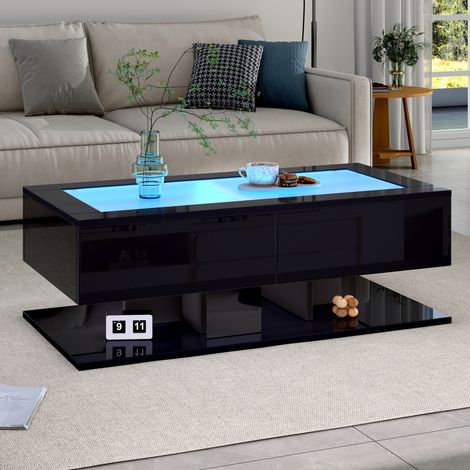 Mesa de centro 100x50x35 cm negra en aglomerado y vidrio templado con 2 cajones LED (1/5)