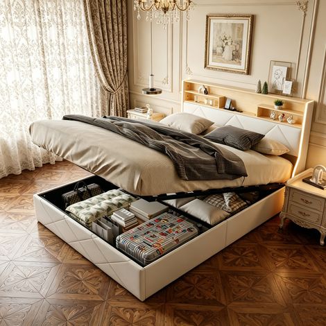 Lit coffre 160x200 cm avec tête de lit à ports USB et éclairage LED, cadre capitonné en simili cuir blanc, sommier à lattes inclus – Design géométrique moderne