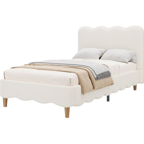 Letto Singolo per Bambini 90 x 200 cm in Bouclé con Gambe in Legno Massello e Testiera, senza Materasso, Bianco (1/5)