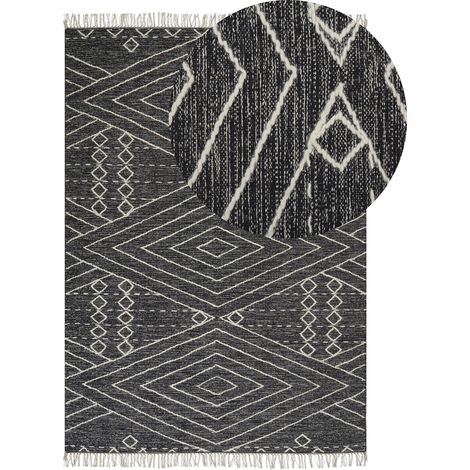 Tappeto in cotone nero e bianco sporco 140 x 200 cm motivo geometrico e nappe Khenifra
