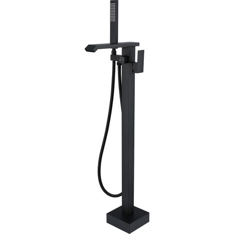 Robinet sur pied pour baignoire noir, mitigeur baignoire ilot avec douchette, laiton, noir (1/5)