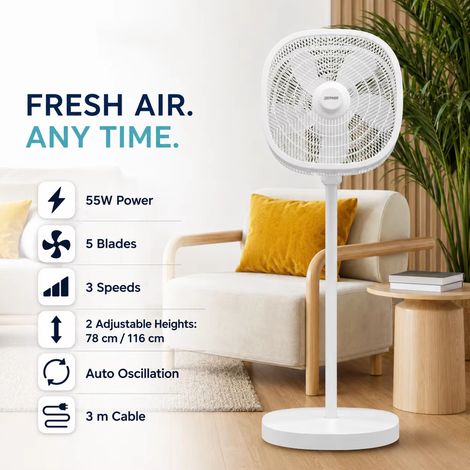 Ventilateur sur Pied Oscillant 55W avec 5 Pales, 3 Vitesses, Hauteur Réglable 78 à 116 cm, Cordon d'Alimentation 3 m (1/5)
