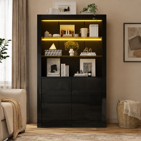 Vetrina 100x35x170 cm in MDF e vetro nera con LED moderna per soggiorno - FLORAGRACE (1/5)