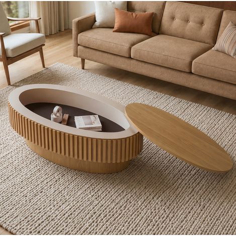 Tavolino da caffè ovale con contenitore nascosto, design scanalato, MDF e impiallacciatura in legno naturale (1/5)