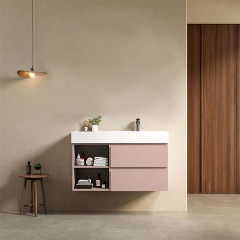 Mobile bagno sospeso 100 cm Rosa Retro Lavabo a Destra in Resina Senza Specchio - Fiji Paint Plus (1/4)