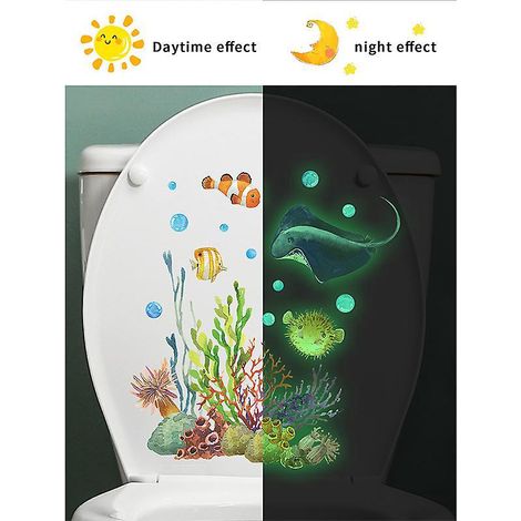 2pcs Bleu/vert Autocollant Corail Lumineux Poisson Diable Monde Sous-marin, Sticker Mural Drle Pour Wc, Salle De Bain, Cuisine, Pvc (1/5)