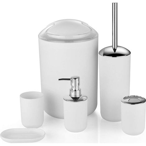 Ensemble de salle de bain neuf : set de 6 accessoires, comprenant une poubelle plaquée, un porte-brosse à dents et un porte-savon — Blanc