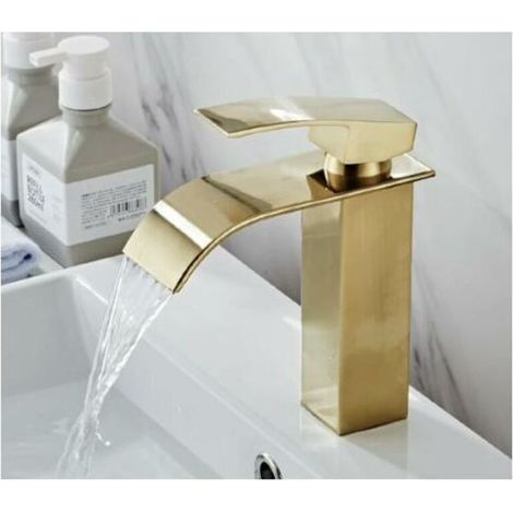 Mélangeur de lavabo Robinet Mono-trou Mitigeur sur Lavabo Robinetterie Lave-mains avec Levier Unique en Cuivre Mélangeur à l'Eau Chaude et Froide- Or (1/5)
