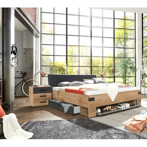 Lit adulte double Queen Size 160 x 200cm + 2 chevets coloris imitation chêne poutre/graphite - Longueur 169 x Profondeur 210 x Hauteur 96 cm -PEGANE-