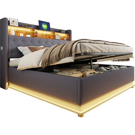 Lit avec rangement 180x200 cm tissu effet lin gris, LED multicolore, USB, sommier à lattes, ouverture hydraulique (1/5)