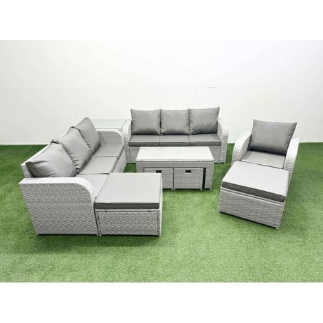 Fimous Outdoor Garden Furniture Set PE Rattan 3 Seater Sofa Reclining Chair Set with Oblong Coffee Table 4 Footstools Side Table Light Grey (1/4)