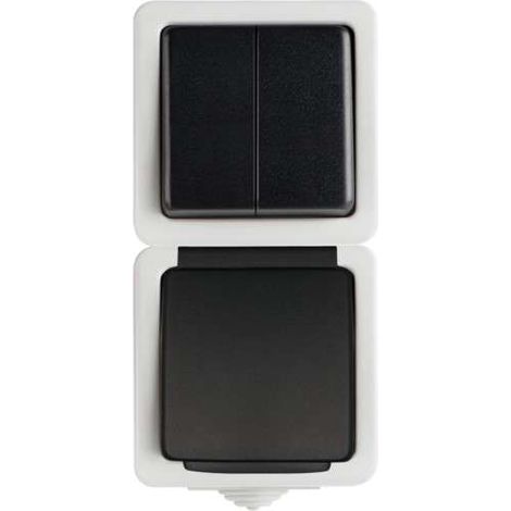 Kanlux – Interrupteur lustre 2 circuits + prise IP54 noire – Montage en saillie – Bornes à vis – Pour environnements exigeants