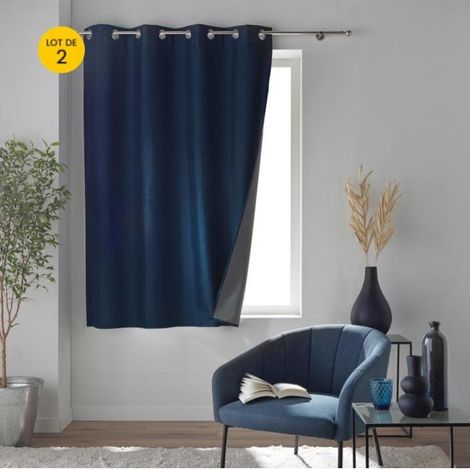 Lot de 2 rideaux à œillets 140 x 180 cm 100% occultant thermique - Modèle Crépuscule Bleu (1/5)